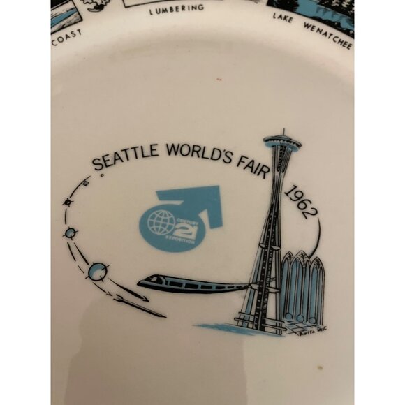 Vintage Seattle Worlds Fair 1962 Souvenir Plate Blue White Space Needle - Picture 12 of 12